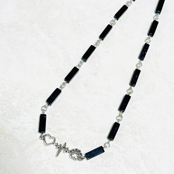 Dark Blue Goldstone Short Necklace w/ Silver Paw Print Heart Beat Charm - Picture 7 of 14